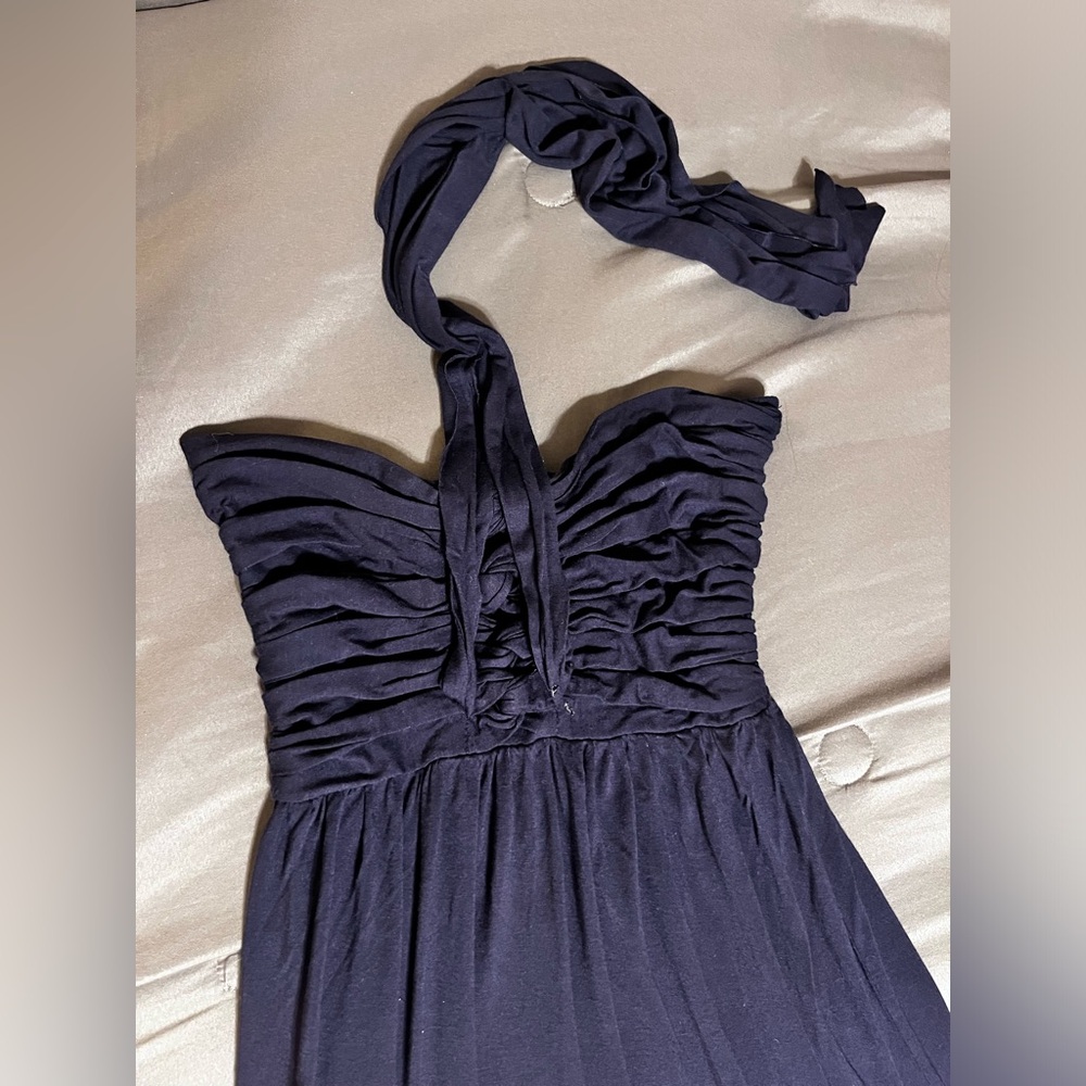 🌹 Navy strapless maxi dress with ruched detail jersey material size small - Picture 4 of 13
